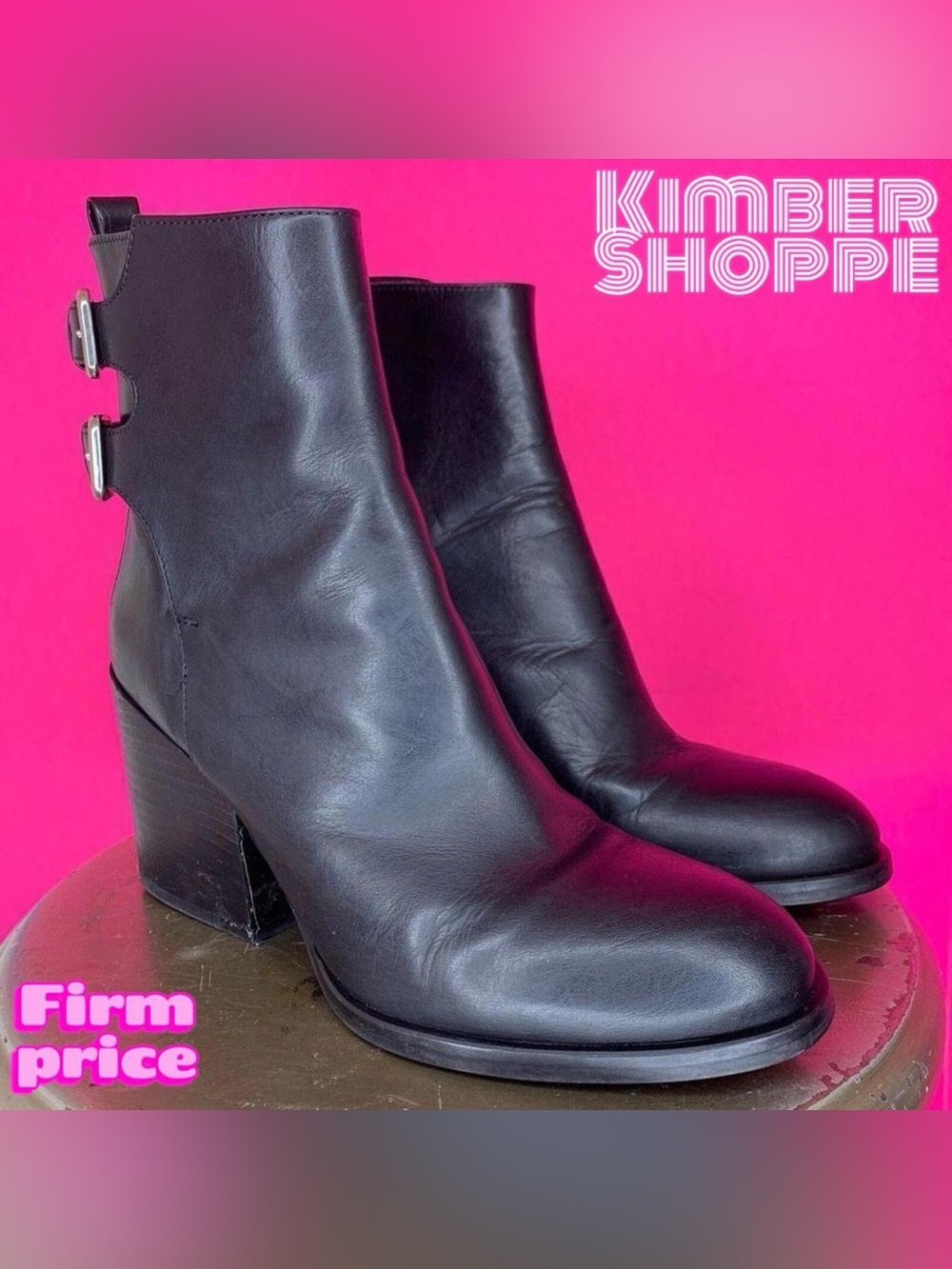 Zara Black Leather Double Buckle Block Heel High Ankle Boots US 8 EU 39